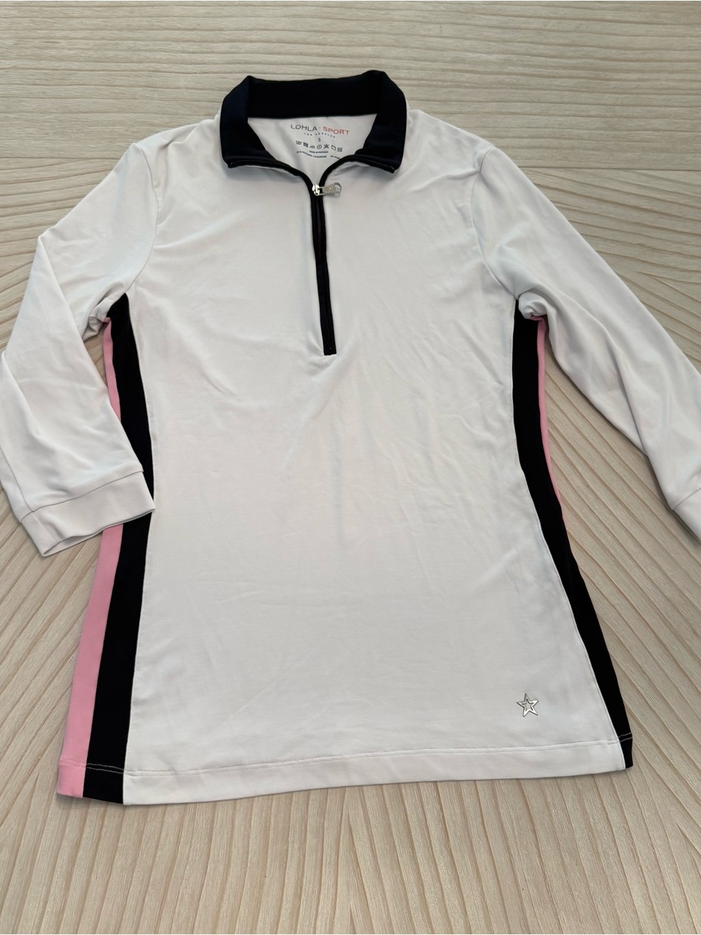 Lohla Sport White 3/4 Sleeve Sport Tee with Black Collar & Pink Side Panels